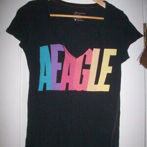 American Eagle Outfitters Y2K Color Logo Graphic V Neck Short Sleeve Black Top